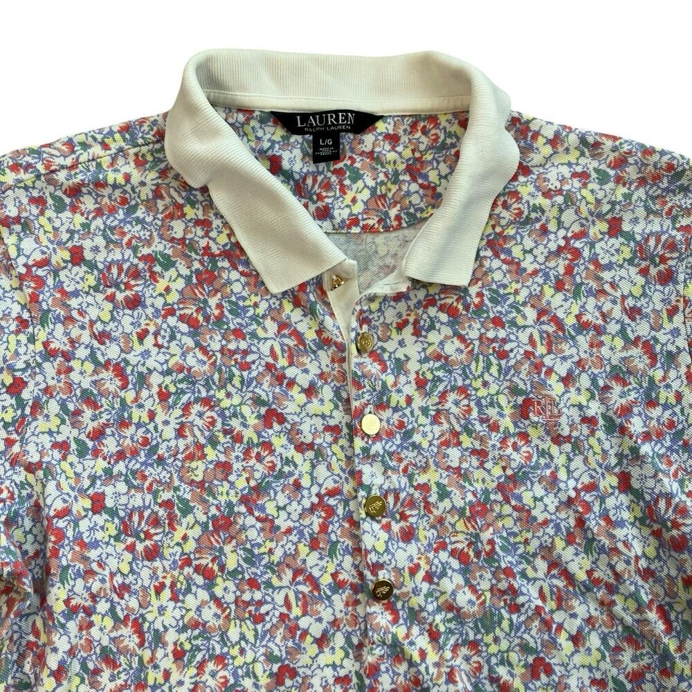 Lauren Ralph Lauren Shirt WMNS L Red Floral Polo Button Down Sporty White Preppy